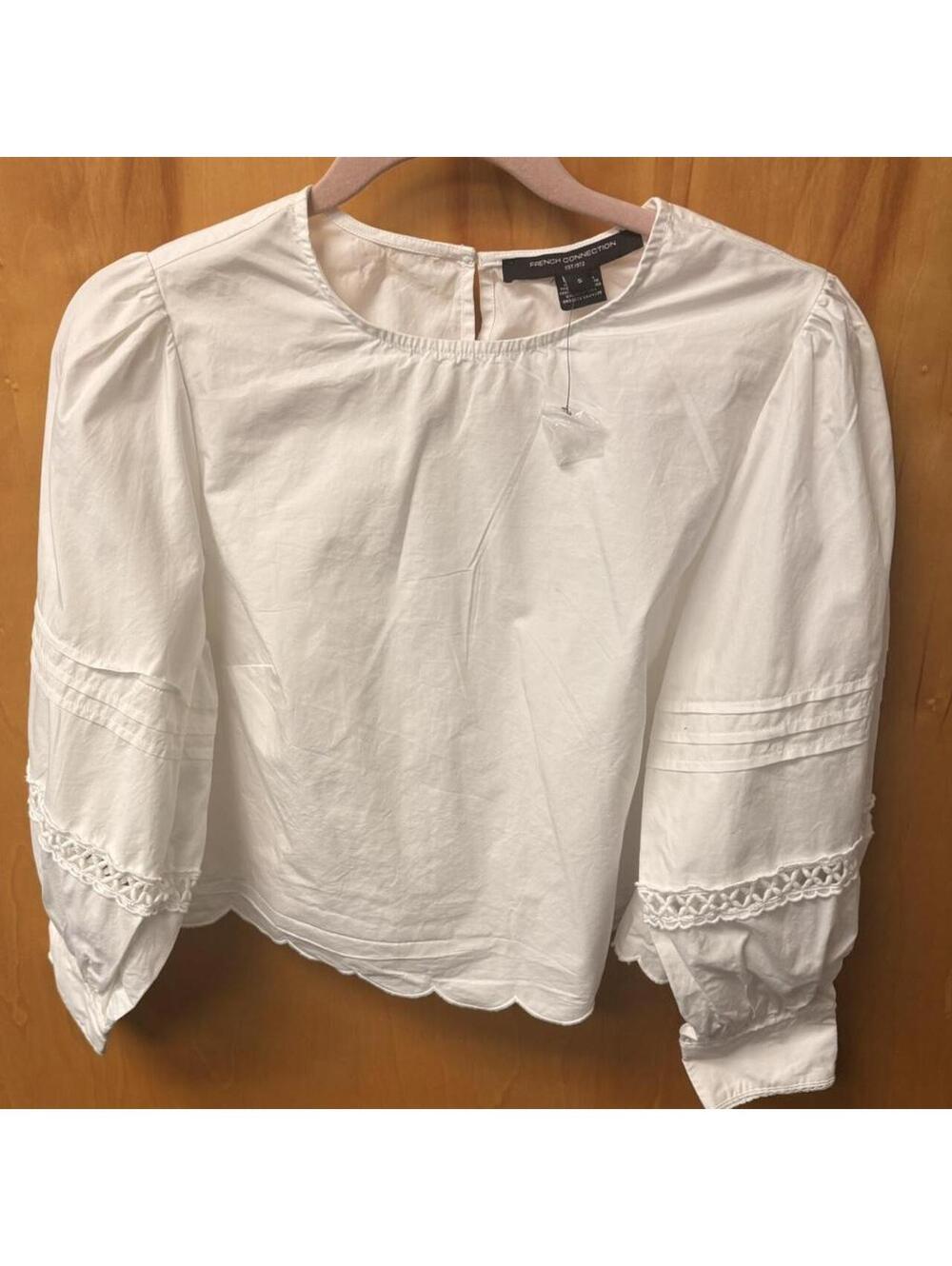 French Connection White Puff Sleeve Blouse with Scalloped Hem and Crochet Detail